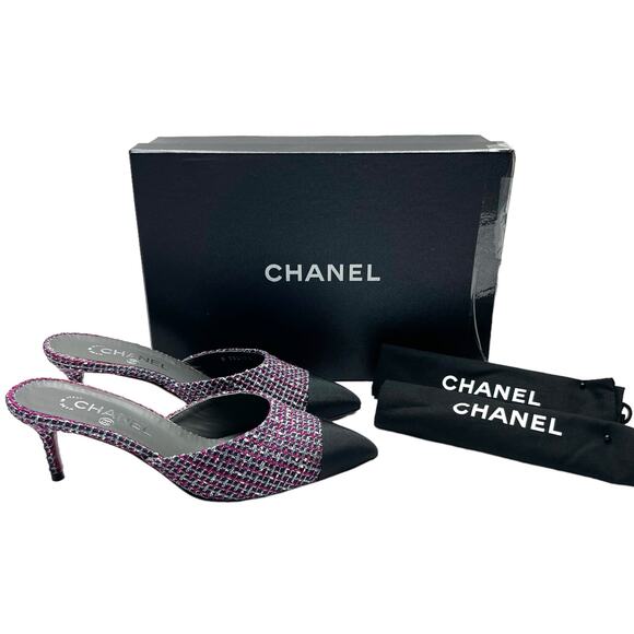CHANEL Tweed Grosgrain CC Mules EU 38 US 7.5-8 Black Purple Pointed Toe Heels - Picture 15 of 15